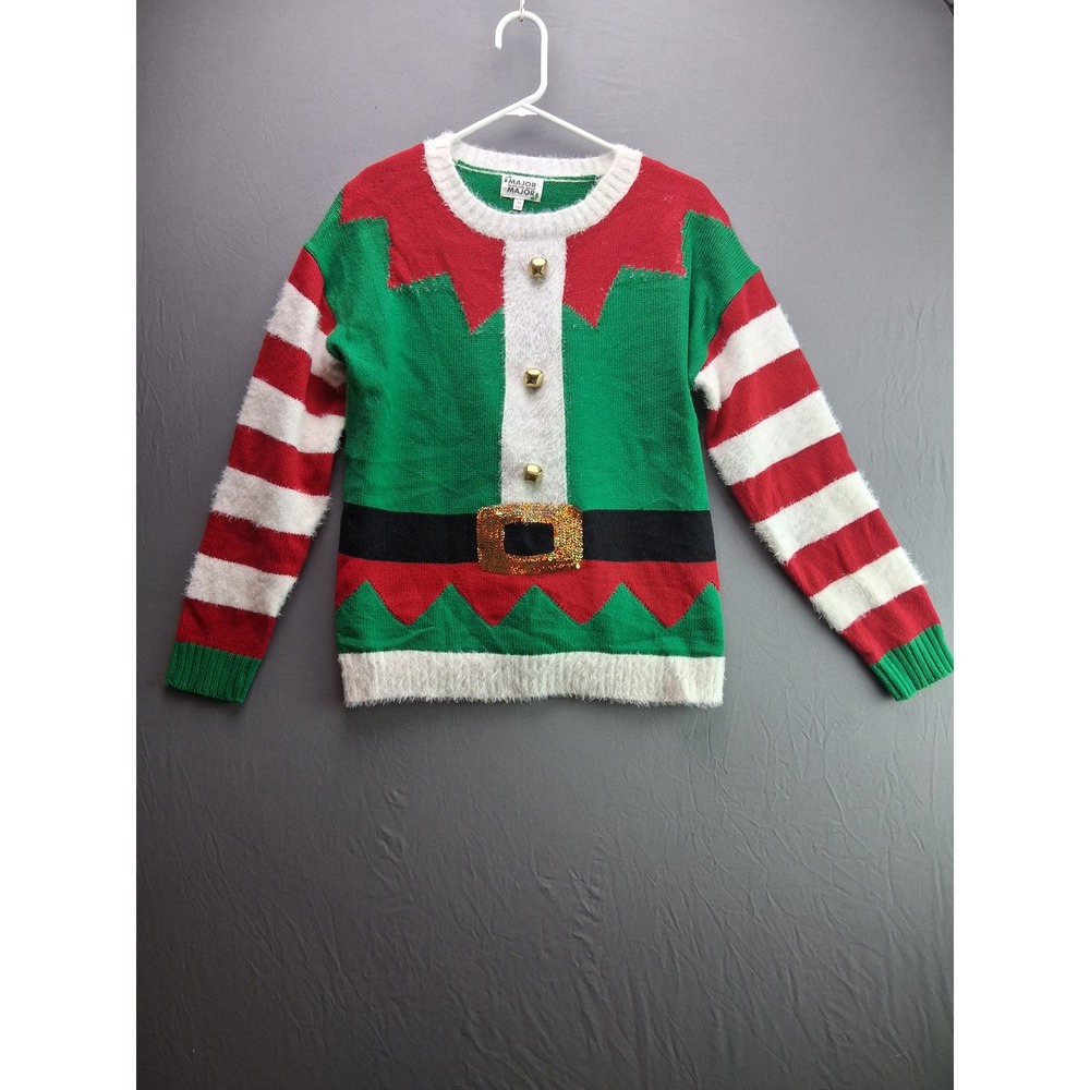 Major Major Elf Christmas Sweater M Green Red Sequin Jingle Bell Ugly Holiday